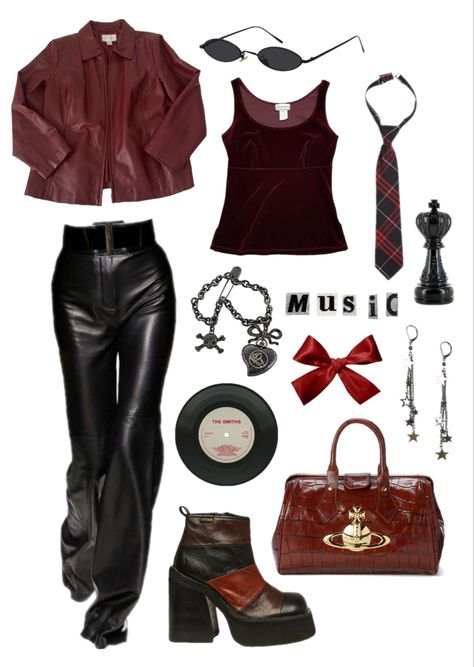 Burgundy Clothes Aesthetic, Fancy Rocker Outfit, Red Rockstar Outfit, The Craft Outfits Inspiration, Sirius Black Outfit Aesthetic, Red Wine Outfit, Punk Rock Outfits For Women, Rockstar Clothes, Dark Grunge Outfits