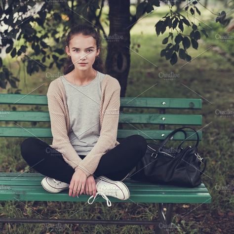 beautiful girl sitting on the bench Photos beautiful girl sitting on the bench by Aleshyn Andrei Sitting Pose Reference, Figure Drawing Practice, Sitting Cross Legged, Sitting On A Bench, Photo Recreation, Beautiful Brunette, Sitting Position, Sitting Poses, Photography Posing Guide