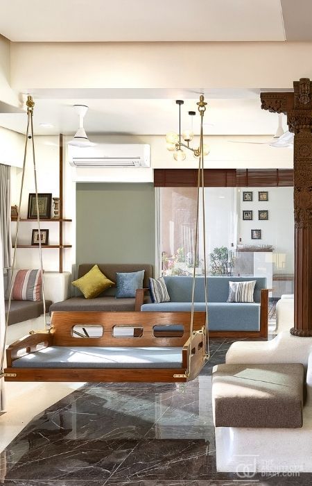 Modern Jhula In Living Room, Modern Swing In Living Room, Jhula In Living Room, Cane Outdoor Furniture, Swing In Living Room, Old Furniture Repurposed, Indian Living Room Design, Classic House Interior Design, Room Swing