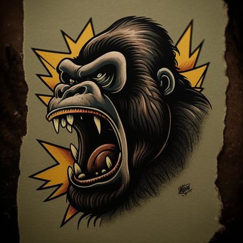 American Traditional Gorilla, Gorilla Traditional Tattoo, Silverback Gorilla Tattoo, Gorilla Chest Tattoo, Traditional Tattoo Gorilla, Traditional Gorilla Tattoo, Gorilla Tattoo Ideas, Gorilla Tattoo Design, Dragon Tattoo Drawing