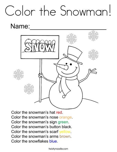 Color the Snowman Coloring Page - Twisty Noodle December Learning Activities For Kids, Snowman Worksheets Preschool, Winter Worksheets Preschool, Sneezy The Snowman Activities, Winter Worksheets For Preschool, Winter Worksheets For Kids, Snowman Worksheet, Vocabulary Clothes, Snowman Coloring Page