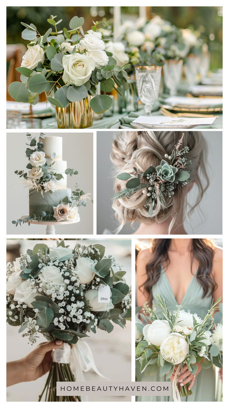 sage green wedding theme, Sage Colour Wedding Theme, Sage Green White And Gold Wedding Flowers, Colors That Go With Eucalyptus Green, Green Asthetics Wedding, Sage Color Wedding Theme, Sage Green Tan And White Wedding, Khaki Green Wedding Theme, Spring Sage Green Wedding, Sage Green Wedding Accessories