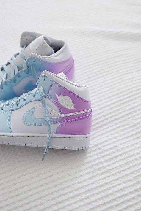 Step out in style with these custom AJ1 Mid Ombre painted sneakers! Each pair is uniquely handcrafted with pastel colors and a dreamy ombre blend, adding a pop of personality to your every step. Hand/spray painted ombre blend design. Resistant clear coat (protected against cracks and scratches). Custom made-to-order sneaker. Brand new 100% authentic Nike AJ1 Mid with box! Free shipping within the US territory! Need a different color? Let us know which color you're looking for and we'll find it for you. Have an idea for your ombre sneakers? Please send us a message here. We'll get back to you within 48hrs! Aj1 Mid, Personalized Sneakers, Buty Jordan, Cute Jordans, Nike Shoes Women Fashion, Pretty Sneakers, Custom Sneakers Diy, Hand Spray, Painted Sneakers