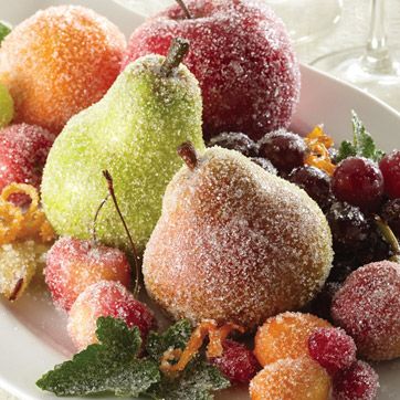 Chloe's Inspiration ~ Sugared Fruit Centerpieces - Celebrate & Decorate.  I think I would use turbinado sugar instead.  The white seems so 'uniform'. Sugared Fruit, Do It Yourself Decoration, Fruit Crafts, Christmas Details, Fruit Centerpieces, Cookie Exchange, Sugar Plum, Noel Christmas, Holiday Tables