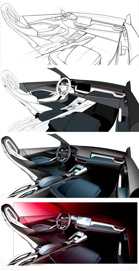 Interior design sketch of the Škoda Vision RS Concept  #Skoda #CarDesign #DesignSketch #CarInterior #ConceptCar #ParisMotorShow #CarBodyDesign Croquis, Concept Car Interior Sketch, Concept Car Interior Design, Concept Car Interior, Interior Sketches, Car Interior Sketch, Car Interior Design Sketch, Concept Car Sketch, Drawing Interior