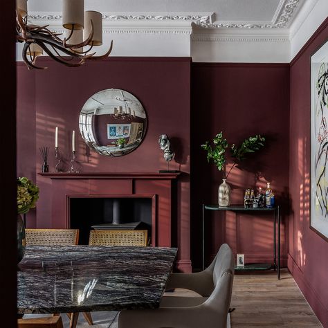 Oxblood Dining Room, Burgundy Walls Living Room Ideas, Brick Red Living Room, Modern Tudor Interiors Living Room, Maroon Dining Room, Wine Bedroom, Maroon Room, Maroon Living Room, Dark Red Interior