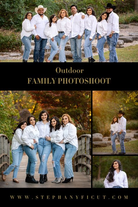 Denim family photoshoot - A timeless outfit, denim encapsulates the American spirit of the last century. It stands for rugged individualism and oozes classless respect for hard work. Denim is no longer just for cowboys—Hollywood actors and celebrities don the denim look. Read more about Stephany Ficut and her work as a professional family photographer. #familyphotographerdallas #familywithnewbornphotography #familyphotographyidea #howtochooseafamilyphotographer #photographerforfamilyphotos White Top Blue Jeans Family Photoshoot, Family Picture White And Denim, Blue Jeans White Shirt Family Photoshoot, Denim And White Family Pictures Outfits, Family Photo White And Denim, Family Photo Outfits Denim And White, Family Photo Denim Outfits, Black White Denim Family Pictures, White Shirt Family Photoshoot