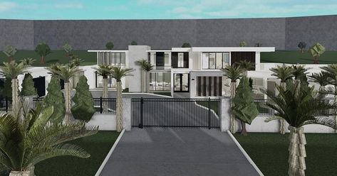 Modern Mansion Bloxburg Exterior, Bloxburg Cozy Mansion, Realistic Coastal Bloxburg House, Realistic Bloxburg House Mansion, Modern Bloxburg House Ideas Exterior Mansion, Realistic Bloxburg Mansion Exterior, Modern Villa Bloxburg, Bloxburg Realistic Mansion, Bloxburg Modern Mansion