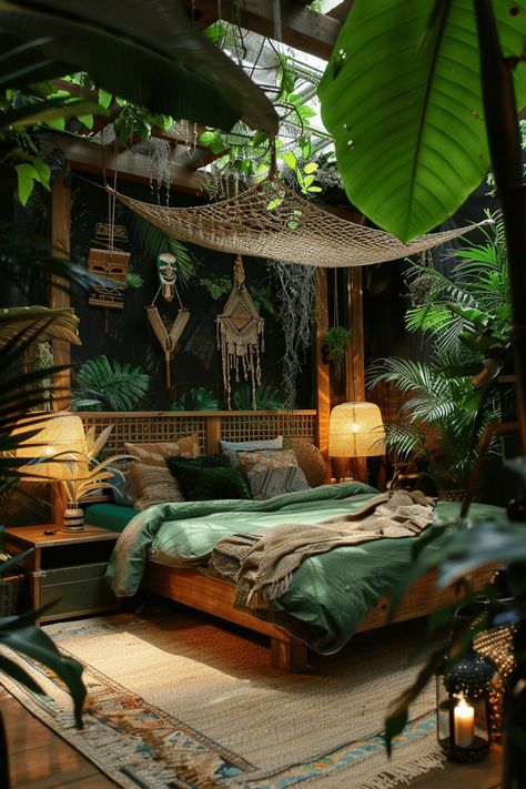 29 Jungle Themed Boho Bedroom Ideas 3 Dinosaur Jungle Bedroom, Dark Green Jungle Bedroom, Jungle Boho Decor, Jungle Cruise Bedroom, Eclectic Jungle Decor, Teenage Jungle Bedroom, Rainforest Themed Bedroom, Teen Forest Bedroom, Moody Jungle Bedroom