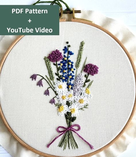 Flower Embroidery Bouquet, Embroidery Vase Flowers, Simple Flower Bouquet Embroidery, Wild Flowers Embroidery Pattern, Embroidery Bouquet Of Flowers, Flower Bouquet Embroidery Pattern, Embroidered Flower Bouquet, Embroidery Flower Bouquet, Bouquet Embroidery Pattern