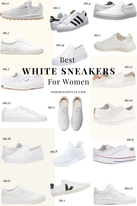 White Shoes For Dress, White Shoes With Dress Outfit, Parisian Style Shoes, Best White Sneakers For Dresses, Summer White Sneakers Outfit, What Sneakers To Wear With Dress, Timeless Sneakers Women, Everyday White Sneakers, Best White Shoes For Women