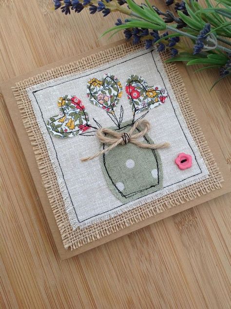 Heart Fabric Card, Appliqued Card, Blank Card, Handmade Card Uk 951 Fabric Note Cards, Floral Vases, Freehand Machine Embroidery, Linen Background, Card Greetings, Scrap Fabric Crafts, Flowers Card, Scrap Fabric Projects, Embroidery Cards