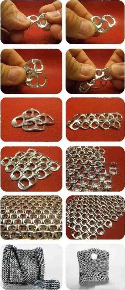 aluminum tab(s) ---> purse - via https://www.facebook.com/photo.php?fbid=334664636613729=a.318196928260500.78766.102106566536205=1 Pop Tab Sculpture, Soda Pop Tabs Ideas, Coke Tab Crafts, Can Top Crafts, Chain Top Diy, Things To Do With Can Tabs Easy, Pop Tab Chain Mail, Reuse Diy Ideas, Punk Crafts