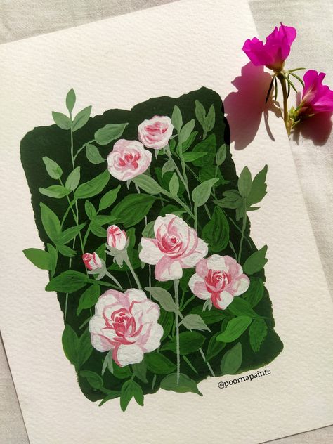 Gouache painting of white and pink roses Guache Art Gouache Painting Flowers, Gouache Rose Paintings, Rose Gouache Painting, Guache Flower Painting, Guash Paint Ideas, Cherry Blossom Gouache, Cute Flower Painting Ideas, Fruit Gouache Painting, Horizontal Painting Ideas Easy
