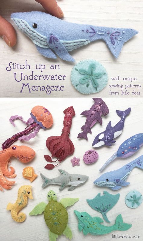 Felt Sea Animals, Felt Sea Creatures, Baby Mobil, Felt Crafts Diy, Sewing Stuffed Animals, Felt Embroidery, Pola Sulam, Felt Patterns, Felt Diy