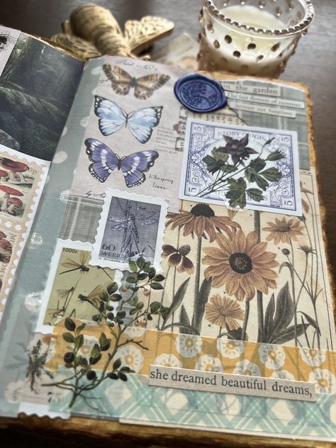 Cottage Core Scrapbook Ideas, Floral Scrapbook Ideas, Cute Junk Journal, Colorful Scrapbook Ideas, Art Journal Scrapbook, Flower Journal Ideas, Collage Journal Ideas, Whimsical Scrapbook, Cottagecore Scrapbook