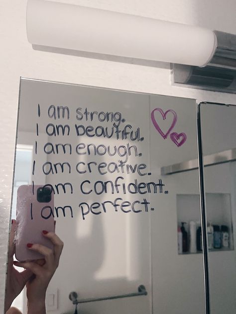 Quotes For Your Mirror, Mirror Vision Board Ideas, What To Write On Your Mirror, Positive Mirror Quotes, Mirror Vision Board, Affirmations To Write On Your Mirror, Mirror Positive Affirmations, Mirror With Affirmations, Body Positivity Quote Mirror