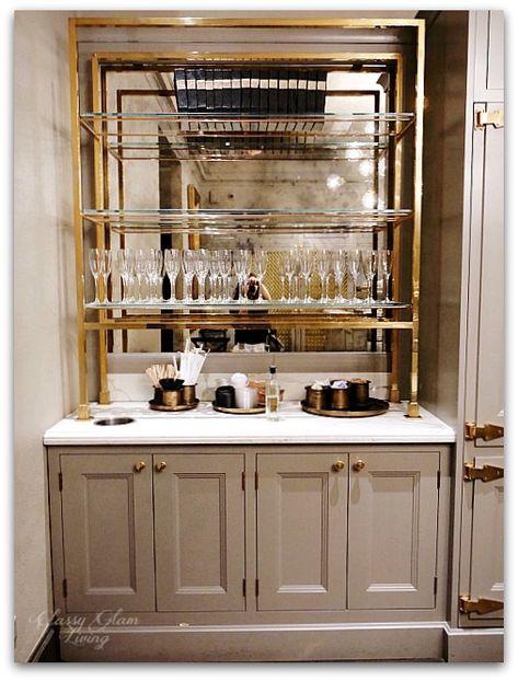 Restoration Hardware Chicago - Gallery + 3 Arts Club Cafe | Pantry Gray cabinets, brass glass shelves | Classy Glam Living Bar Brothers, Glass Shelves Decor, Glass Shelves In Bathroom, Bar Sala, Glass Shelves Kitchen, Home Bar Rooms, Arts Club, Modern Home Bar, Bar Shelves