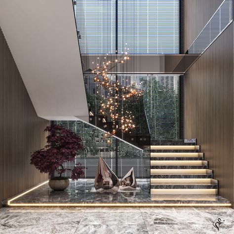 Double Height Entrance Foyer Ceiling Design, Adaptable Architecture, Luxury Stairs, Staircase Interior Design, Luxury Staircase, Modern Stair Railing, Staircase Design Modern, Stairs Design Interior, Stairs In Living Room