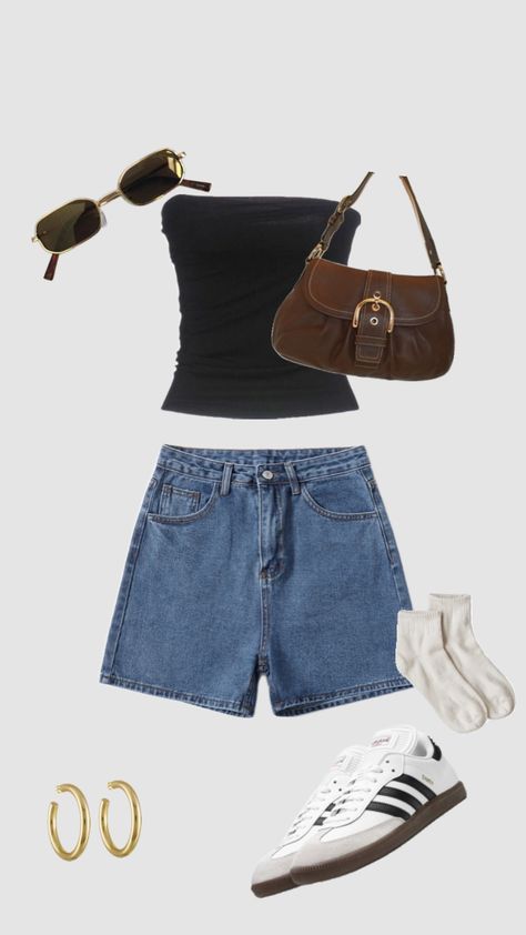 Casual Summer Outfits Street Style, 90s Outfit Shorts, 80s Blouse Outfit, Cute Long Shorts Outfits, La Inspired Outfits, Tomboy Femme Outfits Summer, Lululemon Sports Bra Outfits, Clothing Astethic Types, Cute Summer Clothes Aesthetic