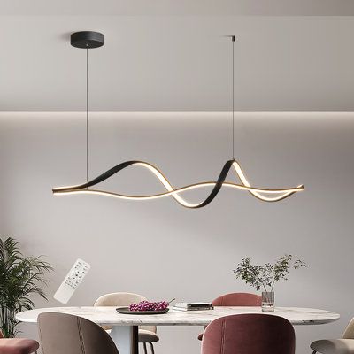 High quality LED light source fully dimmable with remote control from warm light (3000K) to white light (6000K). Brightness: 10-100%. Memory function of LED modern pendant light can be realized, which is more convenient. | Ivy Bronx Fanchet 2 - Light Black LED Kitchen Island Pendant in Black / White | 8.7 H x 43.3 W x 8.7 D in | Wayfair Kitchen Dining Pendant Lights, Reception Desk Pendant Lighting, Minimalist Dining Room Light Fixture, Modern Light Fixtures Dining Tables, Dining Room Wall Decor Ideas Modern, Hanging Lights Office, Kitchen Counter Lights, Island Pendant Lights Kitchen, Modern Kitchen Light Fixtures