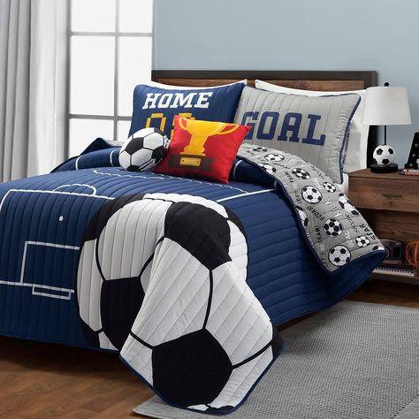 Score big with the Lush Decor Soccer Game 5-Piece Quilt Set in Navy and Gray. This reversible, oversized set is perfect for kids and adds sporty style to any Full/Queen bed. Boys Soccer Bedroom, Soccer Bedroom Decor, Soccer Themed Bedroom, Soccer Bedding, Soccer Bedroom, Sports Themed Bedroom, Boy Bathroom, Soccer Room, Oversized Quilt