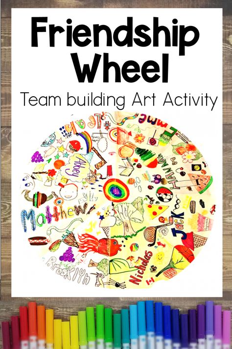 A large circular piece of art is shown.  Each section of the circle includes a name and a variety of art done by children. Community Building Art Projects, Collaborative Art Projects Kindergarten, Team Art Projects, Teamwork Art Projects For Kids, Fun Group Art Projects, Community Art Projects For Kids, Friendship Arts And Crafts, Community Projects For Kids, Teambuilding Activities For Kids