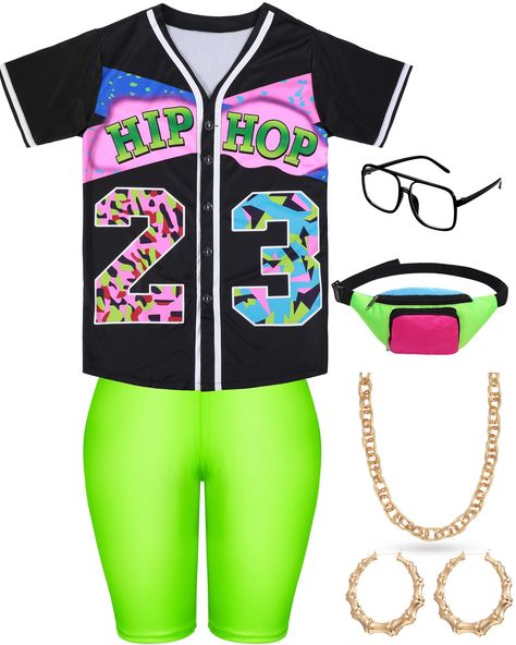 PRICES MAY VARY. Thoughtful and Various Set: the 90s rapper costume outfit for women contains 1 hip hop baseball jersey shirt, 1 faux gold rope chain, 1 pair of round hoop earrings, 1 fanny pack, 1 yoga pants, 1 black rimmed glasses, which can meet your various dressing up demands for 80s or 90s party theme Detail Size and Material Information: the lens of the glasses are made of polycarbonate, about 65 mm/ 2.56 inch in width, 59 mm/ 2.32 inch in height, the bridge is 15 mm/ 0.59 inch, and the a 90s Hip Hop Party Decorations, Rapper Costume, 90s Hip Hop Party, Black Rimmed Glasses, Theme Outfits, Hip Hop Costumes, Vacation Clothing, Rimmed Glasses, 90s Theme