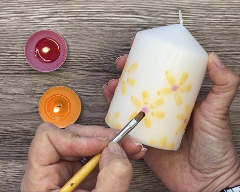 Candle painting: How to paint candles using wax - Gathered Cute Candle Painting Ideas, Paint Taper Candles Diy, Candle Decorating Party, Candles Ideas Creative, Candle Painting Ideas With Wax Easy, Candle Wax Painting Ideas, Painting On Candles Easy Diy, How To Paint Candles Tutorials, Candle Painting Tutorial