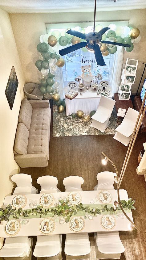 Baby Shower Parents Table, Soft Baby Shower Theme, Budget Baby Shower Decorations, Baby Shower Home Decor Ideas, Sage Green Bear Baby Shower Ideas, Timeless Baby Shower Ideas, Living Room Baby Shower Ideas, Indoor Baby Shower Decor, Home Baby Shower Ideas Decor