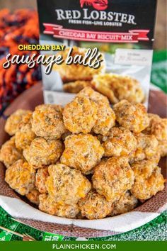 Cheddar Bay Sausage Balls - combines two of my favorite foods- Cheddar Bay Biscuits and Sausage Balls! Love the flavor in these! Can make and freeze unbaked for later. Also, get the secret to easily mixing sausage balls and avoiding messy hands! Best Sausage Balls Recipe, Cheese Pennies With Rice Krispies, Easy Recipes With Breakfast Sausage, Breakfast Sausage Appetizer Recipes, Iron Bowl Party Food, Savory Potluck Snacks, Ted Lobster Sausage Balls, Sausage Balls With Cheese Whiz, Appiterzers Recipes Fancy