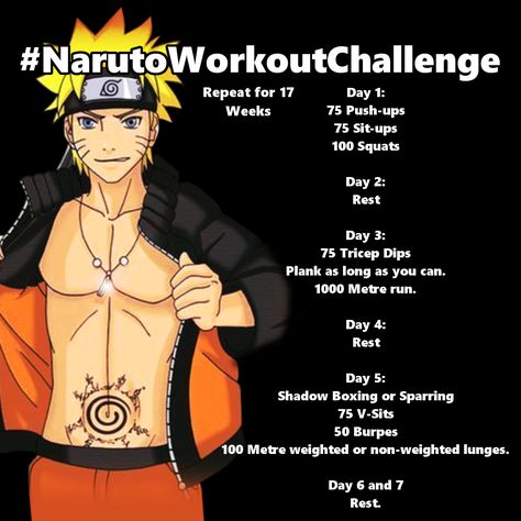 Naruto Workout Challenge Naruto Workout, Goku Workout, Workout Challange, Nerdy Workout, Hero Workouts, One Punch Man Workout, Fighter Workout, Superhero Workout, 100 Squats