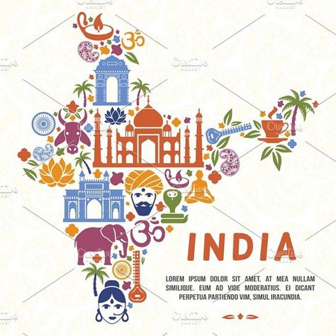 Traditional Indian symbols. Travel Icons Indian Map, Indian Drawing, Map Of India, Indian Symbols, India Poster, India Painting, Indian Illustration, Tourism Day, India Images