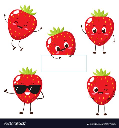 Kawaii, Strawberry Cute Drawing, Strawberry Cartoon Drawing, Strawberry Cartoon Cute, Strawberry Emoji, Happy Cute Cartoon, Strawberry Character, Strawberry Cartoon, Healthy Vegetarian Food