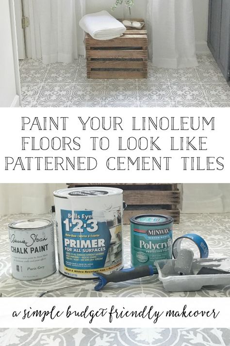 Full Tutorial with FREE Stencil Download, All Products Listed, and A How To Video on How To Paint Your Linoleum Floors To Look Like Cement Tiles- By Plum Pretty Decor and Design Painting Linoleum Floors, Paint Linoleum, Linoleum Floor, Floor Stencil, Astuces Diy, Stenciled Floor, Linoleum Flooring, Simple Budget, Bathroom Redo