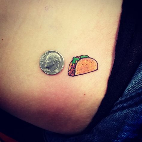 Tiny micro taco tattoo Small Tattoos Arm, Taco Tattoo, Taco Tattoos, Mexican Tattoos, Mexican Tattoo, Best Tattoo Ever, Food Tattoos, Small Tats, Small Home Decor