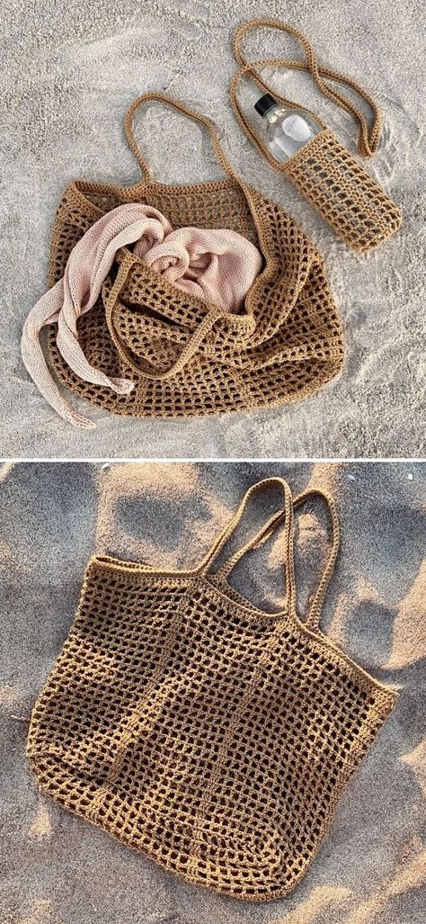 Beach Crochet Bag Free Pattern, How To Crochet A Beach Bag, Crochet Projects With Small Yarn, Simple Crochet Market Bag, Best Yarn For Crochet Bag, Knit Beach Bag, Mesh Crochet Bag Pattern Free, Mesh Bag Crochet Pattern Free, Summer Bag Crochet Patterns