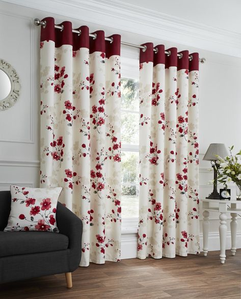 Draps Design, Plain Curtains, Stylish Curtains, Living Room Decor Curtains, Living Room Red, Curtains Living, Red Curtains, Floral Curtains, Trendy Living Rooms