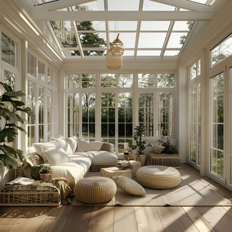 Explore this sunlit, airy sunroom featuring large windows and a skylight that showers the room in natural light. The space boasts light wood floors, white walls, and a central white sofa with plush beige cushions. Greenery surrounds the area, enhancing the cozy, modern farmhouse vibe. Enjoy the hanging pendant lamp and a small coffee table setup perfect for relaxation. All Glass Room, Rooms With Lots Of Windows, Sunroom Living Room Ideas, Large Sunroom Layout, Sunroom Entryway Ideas, Sunroom Lights, Living Room Lots Of Windows, Solarium Room Sunroom Addition, Luxury Sunroom