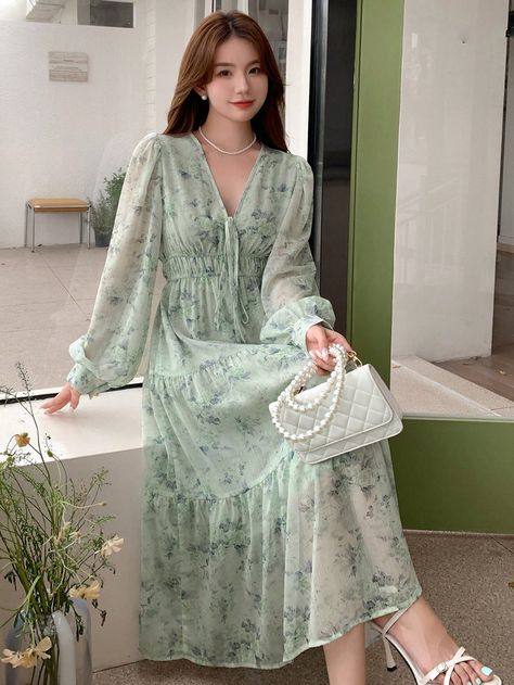 Mint Green Boho Collar Long Sleeve Fabric Floral,Plants,All Over Print A Line Embellished Medium Stretch  Women Clothing Cottagecore Dress Green, Vintage Romantic Outfit, Graduation Outfit Modest, Green Dress Modest, Pakistani Kurta Designs, Modest Floral Dress, Pakistani Kurta, Outfit Modest, Grad Outfits