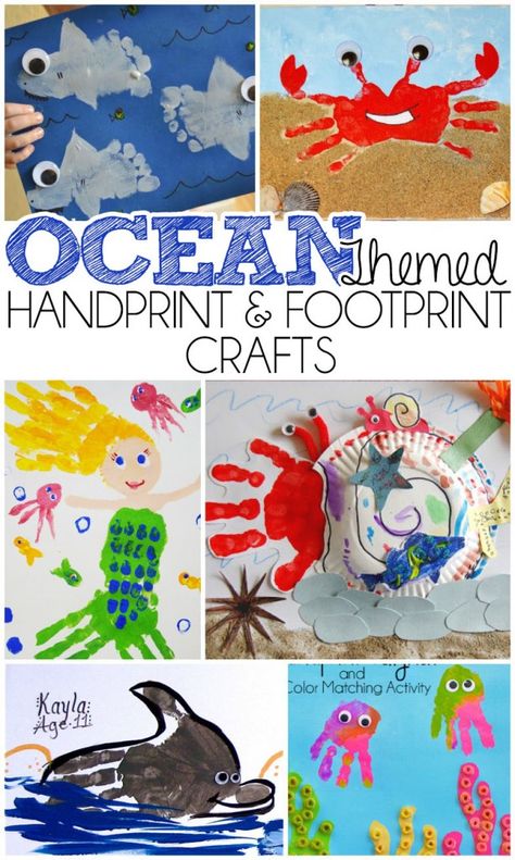 Ocean Themed Handprint & Footprint Crafts Footprint Art, Shark Handprint Art, Handprint Mermaid, Handprint And Footprint Crafts, Ocean Theme Crafts, Footprint Crafts, Sea Crafts, Ocean Crafts, Handprint Crafts