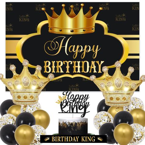 Men Happy Birthday, Crown Balloon, Happy Birthday King, Unique Crown, Balloons Happy Birthday, Birthday King, Big Crown, Black And Gold Balloons, Birthday Party Backdrop