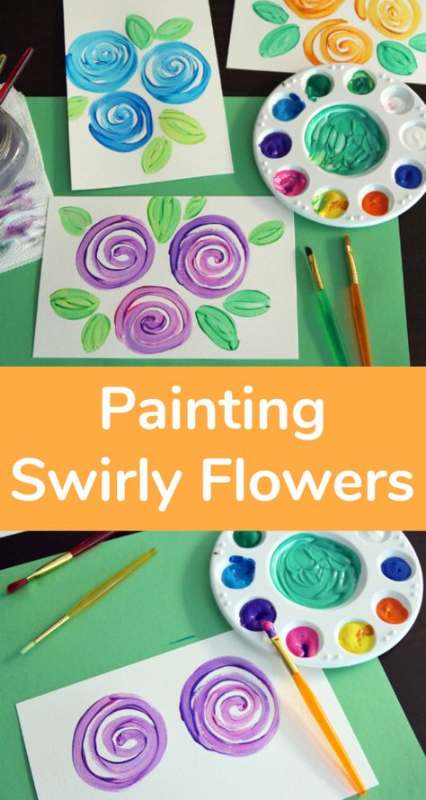 Swirl Flowers Painting, Finger Paint Dandelion, How To Paint An Easy Flower, How To Paint Whimsical Flowers, Swirly Flowers Painting, How To Paint A Simple Flower, Prek Spring Art Projects, March Painting Ideas For Kids, April Art Kindergarten