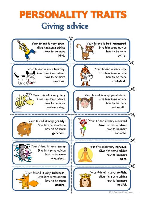 Personality traits - Giving advice - English ESL Worksheets for distance learning and physical classrooms Character Traits Worksheet, Speaking Activities English, Ingles Kids, Character Trait Worksheets, Speaking Cards, Character Worksheets, Materi Bahasa Inggris, Conversational English, Speaking Activities