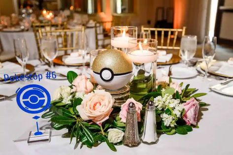 Laura and Dan's Pokemon Wedding at Wyndham Grand Orlando Resort Bonnet Creek - Just Marry! Pokemon Centerpieces Wedding, Wedding Ideas Nerdy, One Piece Anime Themed Wedding, Gamer Wedding Centerpieces, Pokemon Theme Wedding, Pokemon Wedding Centerpieces, Anime Inspired Wedding, Pokemon Themed Wedding, Pokemon Wedding Theme