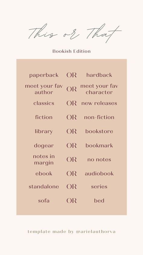 Get To Know Me Bookstagram, Reading This Or That, Bookish Instagram Story Template, Ideas For Bookstagram, Ariel Lee, Journal Bookshelf, Bullet Journal Bookshelf, Reasons To Read, Would U Rather