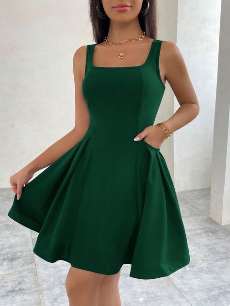 Dark Green Casual,Elegant Collar Sleeveless Knitted Fabric Plain A Line Embellished Medium Stretch  Women Clothing Dark Green Sundress, Green Sundress, Dress For Summer, Shein Dress, Kids Sleepwear, Dress For Short Women, Lolita Dress, Kids Beachwear, Ruffle Trim