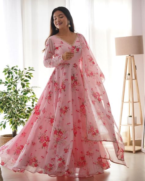 Premium Pink New Floral Digital Print Georgette Anarkali Suit With Pent and Dupatta Fully Stitched Set For Women readymade salwar kameez set long wedding gown Anarkali suit PRESENTING NEW PURE  SOFT GEORGETTE ANARKALI FULLY FLAIR GOWN,DUPPTA SET READY TO WEAR FULLY STTICHED KURTI FABRIC:PURE SOFT GEORGETTE FLORAL PRINT INNER MICRO COTTON FLAIR: 8 mtr fully flair approx  *LENGTH *:55 56 inch approx  *FULL LENGTH CHUDIDAR SLEEVES,PADDED,ZIPPER ATTACHED COMPLETE READY TO WEAR * KURTI INNER: MICRO COTTON  DUPPTA: 2.3 PURE SOFT FOX GEORGETTE BOADER FANCY LACE WORK DUPPTA WIDTH:28 INCH SHAWL STYLE DUPPTA  SIZE :S(36) M(38) L(40) XL(42)  XXL(44) FULLY STTICHED COMPLETE READY TO WEAR * This anarkali gown is perfect for special occasions, weddings, festivals, and other celebrations. * Enhance your Floral Anarkali, Flared Gown, Georgette Anarkali Suits, Pink Anarkali, Gown With Dupatta, Georgette Anarkali, Printed Gowns, Anarkali Gown, Anarkali Suit