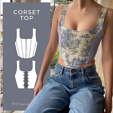 WitesonPatterns - Etsy Finland Molde, Corset Vest Sewing Pattern, Sewing Inspo Tops, Crop Top Free Pattern Sewing, Sewing A Corset Top, Sewing Patterns Tops Women, Sewing Corset Top, Corset Skirt Pattern, How To Sew A Corset Top