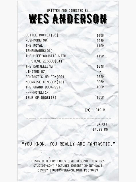 "Wes Anderson Movie Receipt" Sticker for Sale by brynn-maxiine | Redbubble Receipt Sticker, Wes Anderson Movie, Steve Zissou, Wes Anderson Movies, 20th Century Studios, Fantastic Mr Fox, Moonrise Kingdom, Grand Budapest, Life Aquatic